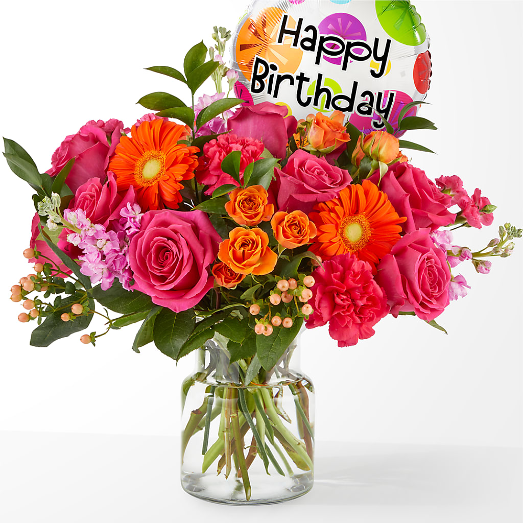 Fiesta Bouquet with Birthday Balloon – Royalty Flowers, Alexandria VA