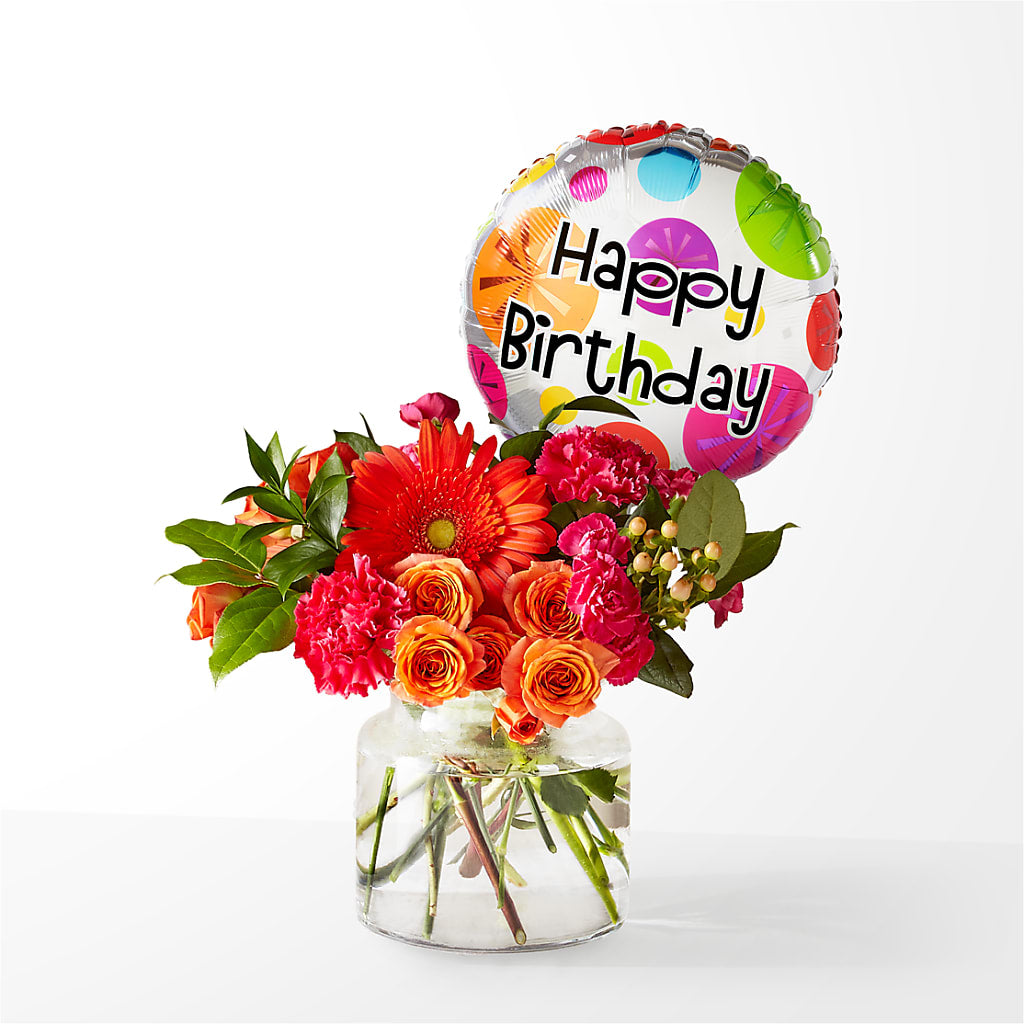 Fiesta Bouquet with Birthday Balloon – Royalty Flowers, Alexandria VA