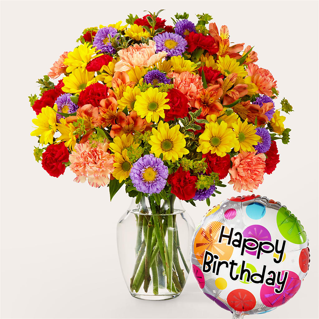 Kaleidoscope Bouquet with Birthday Balloon – Royalty Flowers, Alexandria VA