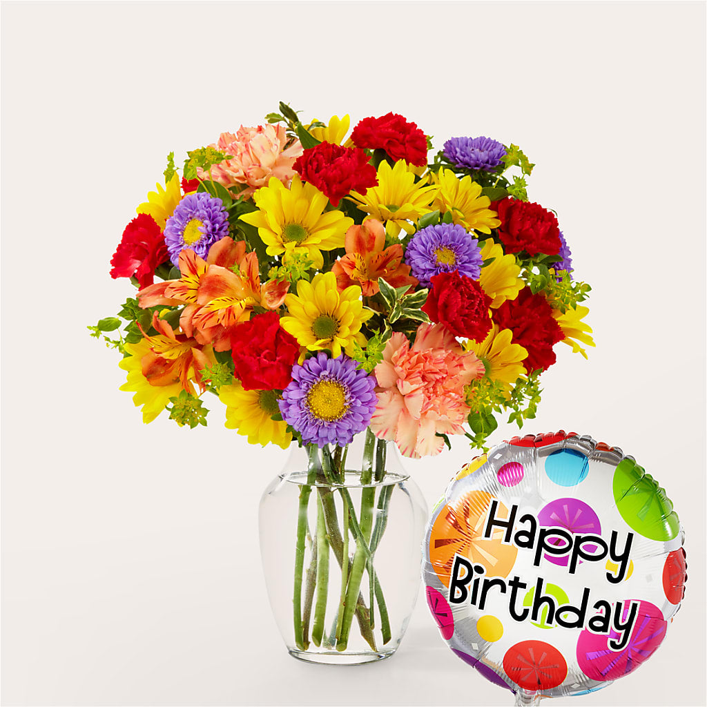 Kaleidoscope Bouquet with Birthday Balloon – Royalty Flowers, Alexandria VA