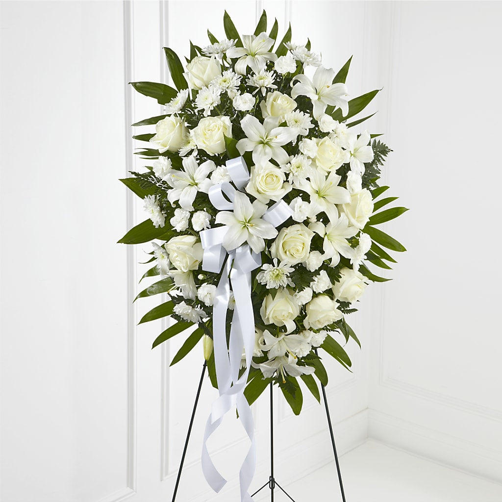Exquisite Tribute Standing Spray-White Ribbon – Royalty Flowers, Alexandria VA