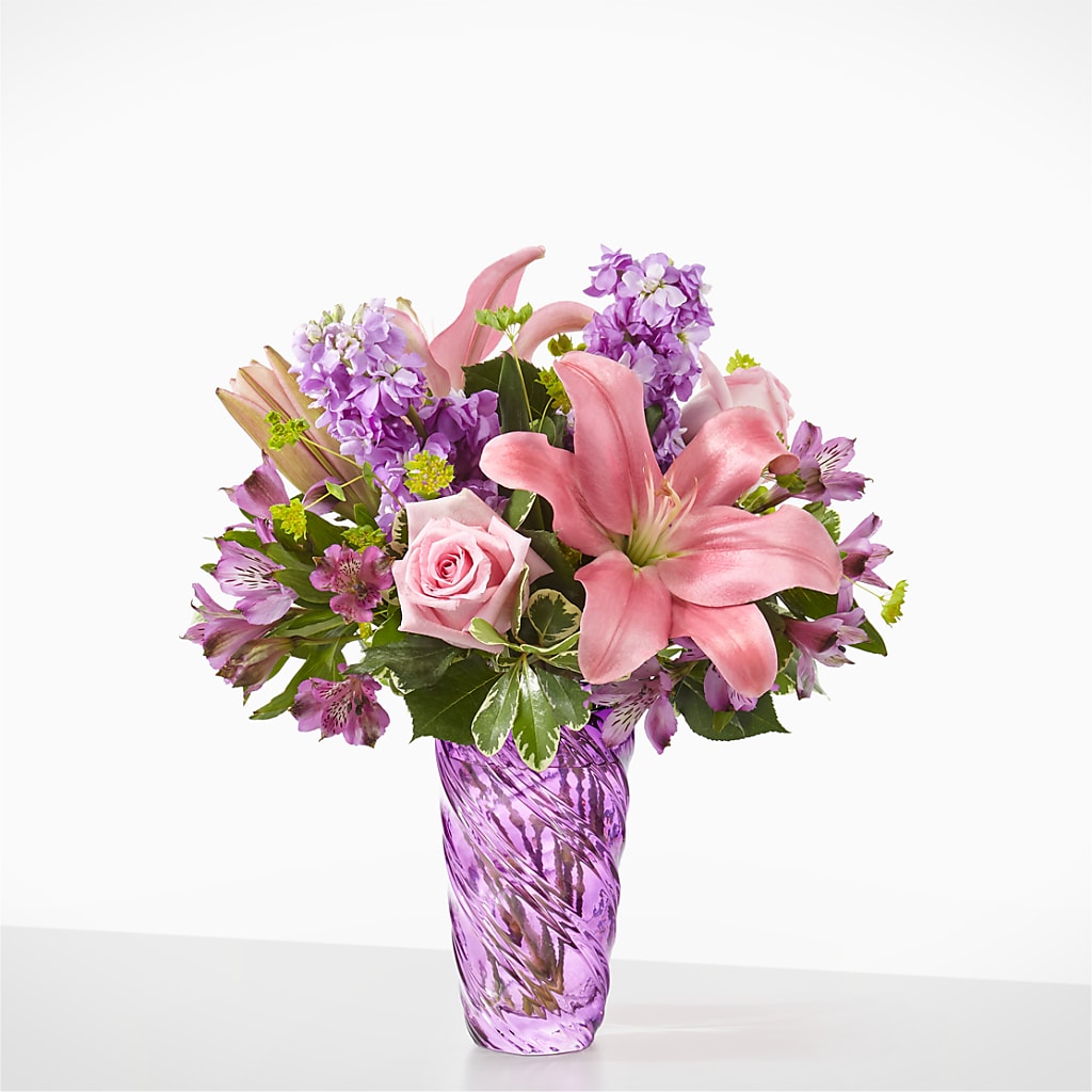 Precious Petals Bouquet with Luxe Swirl Vase – Royalty Flowers, Alexandria VA